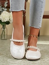 economico Ballerine da donna-ballerine mary jane beige da donna con cinturino in finta perla – scarpe comode e larghe con punta tonda, elegante stile vintage per l'uso quotidiano, matrimoni, feste del tè e viaggi