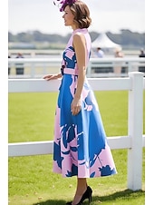 billige Ankellengde-A-linje Ankellengde Te-lengde Derbykjole Kjole til brudens mor Ermeløs V-hals Høyhalset Elegant Årgang Kentucky Derby Sateng med Blomst Tryk