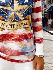  Amerikanska självständighetsdagen Dam T-shirt T-tröja Mönster Grafisk Stjärna Mode Grundläggande Ledigt Långärmad Rund hals Vanliga toppar Dagligen Utekväll Helgen Blå Sommar Vår Höst