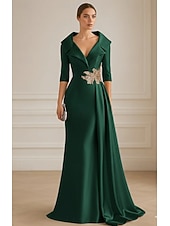 abordables Vestidos de gala-Vestido de Noche A-Line Azul Negro Elegante Vestido Formal de Boda Largo de Piso de Manga Media con Solapa de Saten Elástico y Pliegues