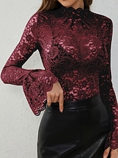 preiswerte Spitzenoberteile-Damen Bluse Spitzentops Spitze Blumen Einfach Stilvoll Sexy Modern Langarm Glockenärmel Hoher Ausschnitt Normale Oberteile Täglich Ferien Ausgehen Blau Schwarz Weiß Rosa Sommer Frühling