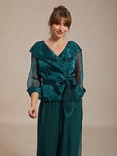 billige Kjolebluser-Dame Dressy topper knyte foran Illusjon Elegant 3/4 ermer V-hals Skjortekrage Vanlige topper Bryllupsgjest Cocktail antrekk Smaragd Grønn Sommer Vår Høst