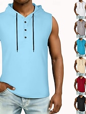 お買い得  ベーシックTシャツ-男性 ベストトップ ヘンリーパーカー ティートップ ノースリーブ フード付き 夏 純色 平織り ファッション デザイナー ベーシック ボタン フード付き カジュアル バケーション ストリート ブルー ブラック ホワイト メンズトップTシャツ