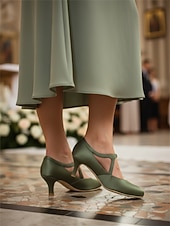 cheap Mother of Bride/Groom-Women's Green Kitten Heels with Buckle – Round Toe Low Heel Elegant Mary Jane Pumps for Indoor Church Weddings, Mother of the Bride &amp; Sophisticated Ladies