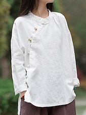 economico Collezione di Lino Premium-Camicia da donna a maniche lunghe con colletto alla coreana in lino biologico