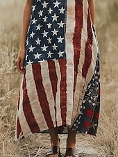 preiswerte Unabhängigkeitstag Kleid-Damen Maxikleid Freizeitkleid Unterkleid Mode Basic Modern Täglich Outdoor Strand Normale Passform Amerikanische Flagge Sternenbanner Ärmellos Rundhalsausschnitt V Ausschnitt Blau Sommer Frühling