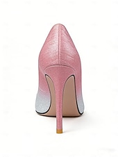 abordables Dama de honor-rosa de mujer &amp;Tacones de aguja con punta puntiaguda y brillo plateado, elegantes zapatos de vestir con bloques de color para damas de honor en bodas en la ciudad.