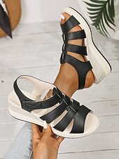 abordables Sandalias de cuña-Sandalias cómodas de cuña negras para mujer: zapatos de plataforma informales con soporte para ir de compras, viajar y usar a diario.