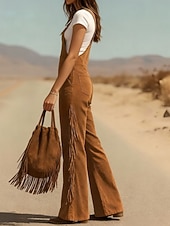 Недорогие Женские комбинезоны и ромперы-Жен. Брюки карго Широкие Биб Колготки Комбинезон Мода Уличный стиль На каждый день Полная длина Завышенная Полотняное плетение С кисточками Карман удобный Неэластичная