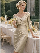 رخيصةأون طول الشاي-عامودي طول الساق فستان الحفلة فستان كوكتيل فستان زفاف ضيف فستان أم العروس نصف كم V رقبة أنيق عتيق فاخر رسمي ضيف حفل زفاف ساتان فساتين الجاكيتات مع طيات