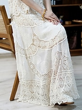 baratos Saias de Férias-Mulheres Saia de renda Boêmia Moda Casual Longo Cintura Média Saias Cor Sólida Renda Buraco Sem Elasticidade Diário Férias Branco Bege Verão Algodão