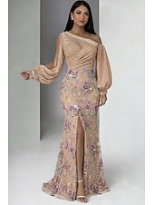  Mermaid Trumpet Floor Length Beaded Eembroidered Formal Dresses Mother of the Bride Dress Prom Dresses Evening Gown Formal Dress Elegant Glittering Celebrity Style Long Sleeve One Shoulder Garden