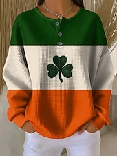 رخيصةأون هوديس وبلوزات القديس باتريك-سويت شيرت نسائي من سانت باتريك بمناسبة يوم القديس باتريك برسومات شامروك، دافئ، كلاسيكي، غير رسمي، بأكمام طويلة، رقبة دائرية، أعلى عادي، ملابس يومية، طباعة أزرار، أخضر