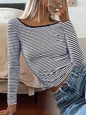 economico T-shirt a righe e geometrico-Per donna Maglietta Stampato A righe Moda Elegante Classico Manica Lunga Girocollo Top Regolari Quotidiano Uscire Weekend Nero Rosa Rosso Blu marino Estate Primavera