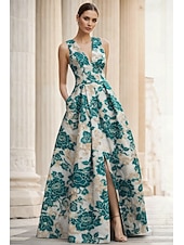  A-linja Kokopitkä Iltapuku Tyylikäs Vintage Kukka-aihe Hihaton V kaula-aukko Häät Muodollinen Jakardi kanssa Kukkapainatus Laskokset Tasku