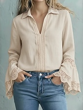 preiswerte Spitzenoberteile-Damen Bluse Elegante Oberteile Spitzentops Gerafft Spitze Patchwork Einfarbig Einfach Elegant Damen Stilvoll Langarm V Ausschnitt Normale Oberteile Täglich Arbeit Ferien Blau Schwarz Weiß Rosa