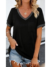 voordelige Effen t-shirt-Dames T-shirt Lapwerk Zak Kleurenblok Effen Kleur Stijlvol Casual Korte mouw V-hals Lange tops Dagelijks Uitgaan Zwart Wit Rood Grijs Zomer Lente