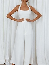 billige Jumpsuits-Dame Normal Kjeledresser Elegant Helfarge Ermeløs Bred Bukseben Grimehals Åpen rygg Daglig Feriereise Løstsittende Hvit Lysegrønn Rosa Sommer