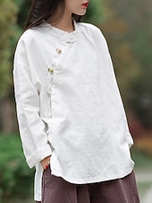 economico Collezione di Lino Premium-Camicia da donna a maniche lunghe con colletto alla coreana in lino biologico