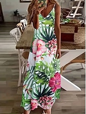 halpa Kukkaiset mekot-Naisten Maksimekko Kesämekko A linjainen mekko Slip Mekko Loma Vapaa-aika Boheemi Hiekkaranta Loose Fit Kuvitettu Lehti Hihaton V kaula-aukko Spagettiolkaimet Valkoinen Vaalean vihreä Punastuvan