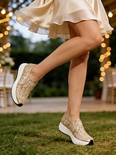 cheap Bride-Women's Glitter Lace Slip-On Platform Sneakers – Dressy Comfort Walking Shoes for Wedding Guests, Parties &amp; Travel (Gold/Black/Silver/Pink/White)