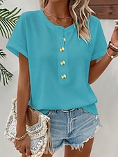 cheap Plain tee-Women's T Shirt Tee Top Buttons Plain Fashion Stylish Classic Short Sleeve Crew Neck Regular Tops Daily Going out Weekend Blue Black Red Summer Spring