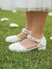abordables Enfants &amp; Fille de Fleurs-Chaussures de demoiselle d'honneur pour enfant, couleur ivoire, ornées de perles et de strass, avec bride cheville et petit talon rembourré. Élégantes chaussures de princesse, parfaites pour les