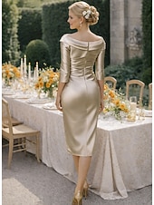 رخيصةأون طول الشاي-عامودي طول الساق فستان الحفلة فستان كوكتيل فستان زفاف ضيف فستان أم العروس نصف كم V رقبة أنيق عتيق فاخر رسمي ضيف حفل زفاف ساتان فساتين الجاكيتات مع طيات