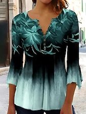  Velikonoční dámské tričko ombre květinová grafika elegantní vintage stylové 3/4 rukáv V-výstřih standardní topy na každodenní nošení knoflíky modrá růžová červená zelená léto jaro