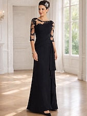 cheap Floor Length-Sheath Column Floor Length Wedding Guest Dress Formal Dresses Evening Gown Mother of the Bride Dress Half Sleeve Jewel Neck Elegant Mother Formal Evening Lace with Appliques