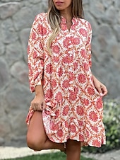 ieftine Rochii casual florale-Pentru femei Rochii Lungime Genunchi Rochie casual Rochie florala Rochie Boho Elegant Modă Modern În aer liber Vacanță Ieșire Potrivire Largă Grafic Manșon scurt În V Albastru piscină Roșu-aprins