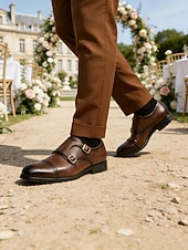 baratos Sapatos de monge-Sapatos sociais masculinos de couro sintético marrom com tira dupla de monge e detalhes brogue, estilo clássico para casamento, uso formal e empresarial