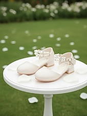 abordables Enfants &amp; Fille de Fleurs-Chaussures de demoiselle d'honneur pour enfant, couleur ivoire, ornées de perles et de strass, avec bride cheville et petit talon rembourré. Élégantes chaussures de princesse, parfaites pour les