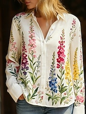 levne Základní falešné košile-Dámské Košile Boho košile Imitace bavlny a lnu Knoflíky Tisk Květinový Elegantní Vinobraní Na běžné nošení Dlouhý rukáv Košilový límec Běžné topy Denní Dovolená Žlutá Světlá růžová Béžová Léto Jaro