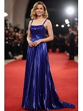 economico Abiti da Sera a Linea A-Linea ad A Strascico a Terra Abito da invitata a nozze Abito Formale Abito da sera Abito da Sera Elegante Scintillante Stile Celebrità Senza Maniche Spalline sottili Festa serale Matrimonio con