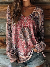 economico T-shirt Boho-Maglietta Boho da donna con grafica floreale piante vintage elegante casual maniche lunghe scollatura a V tops regolari stampa blu nero rosso estate primavera