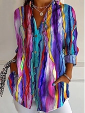 Недорогие Полосатые и геометрические блузки-Жен. Рубашка Блуза Пэчворк Пуговицы С принтом Графика Геометрический принт В клетку Винтаж тропический Повседневные Длинный рукав Рубашечный воротник Обычные топы Повседневные