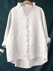 cheap Plain Blouses-Easter Women's Tunic Casual Shirt Button Up Shirt Blouse Ruffle Solid Color Vacation Vintage Daily Long Sleeve V Neck Long Tops Work Beach Holiday Blue White Yellow Red Gray Summer Spring Fall Winter