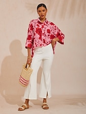 billiga skjortor, toppar och blusar-våren blommar flytande chiffong asymmetrisk dolman ärm blus