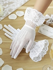 baratos Casamento ACC-Luvas femininas elegantes em poliéster com renda, luvas formais pretas e brancas para casamentos, jantares e óperas, acessórios sofisticados para vestidos de noiva em ocasiões especiais.
