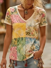  Women's Boho Shirt T Shirt Print Floral Graphic Bohemia Vintage Casual Short Sleeve V Neck Long Tops Daily Green / Blue Yellow Pink Summer Spring