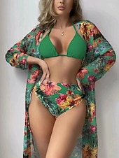 tanie 3-częściowy zestaw bikini-Damskie Stroje kąpielowe Bikini Trzyczęściowy Majtki Kostium kąpielowy Szczupła Odkryte plecy Urlop Stroje plażowe Kwiaty Kantarka Długi rękaw Kostiumy kąpielowe