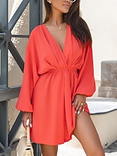 preiswerte Weiße Freizeitkleider-Damen Minikleid Weißes Kleid Mode Modern Outdoor Strand Urlaub Normale Passform Einfach Kurzarm V Ausschnitt Schwarz Orange Khaki Rosenrot Sommer Frühling Herbst