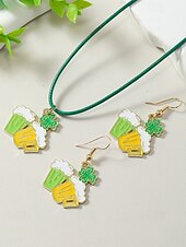 olcso kiegészítők-Női ötvözet anyagból készült Szent Patrik-napi nyaklánc és fülbevaló szett lóhere, kalap és lóhere mintákkal, tökéletes Szent Patrik-napra, mindennapi viseletre és ünnepi alkalmakra.