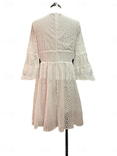 abordables Vestidos de playa-Mujer Vestido hasta la Rodilla Vestido blanco Vestido de encaje Elegante Vintage Moda Manga de la llamarada Diario Exterior Playa Ajuste regular Plano Manga 3/4 Escote en Pico Blanco Albaricoque