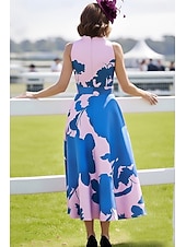 billige Ankellengde-A-linje Ankellengde Te-lengde Derbykjole Kjole til brudens mor Ermeløs V-hals Høyhalset Elegant Årgang Kentucky Derby Sateng med Blomst Tryk