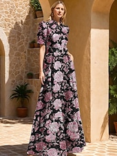 cheap A-Line Evening Dresses-A-Line Floor Length Evening Gown Ball Gown Formal Dress Celebrity Style Short Sleeve Shirt Collar Garden Party Formal Belt / Sash with Floral Print