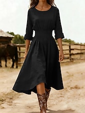 お買い得  シンプルなドレス-女性用 ミディドレス A ラインドレス 旅行度假风 カジュアル レギュラー 平織り 七分袖 クルーネック ブルー ブラック ピンク ネイビーブルー 夏 春 秋