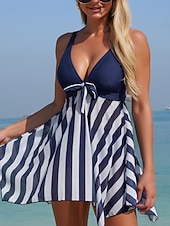 economico Tankini-Per donna Costumi da bagno Tankini Due pezzi Mutande Costume da bagno Controllo della Pancia Vita alta Snello Senza schiena Vacanza Abbigliamento da Spiaggia A righe Scollo a V Senza Maniche Costumi