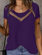 abordables Camiseta lisa-Mujer Camiseta Camiseta superior Encaje Plano Moda Elegante Clásico Manga Corta Cuello Barco Tops regulares Diario Noche Fin de semana Azul Piscina Negro Blanco Rojo Verano Primavera